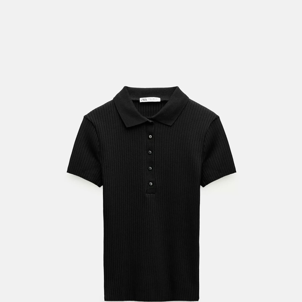 Zara Black Ribbed Short-Sleeve Polo